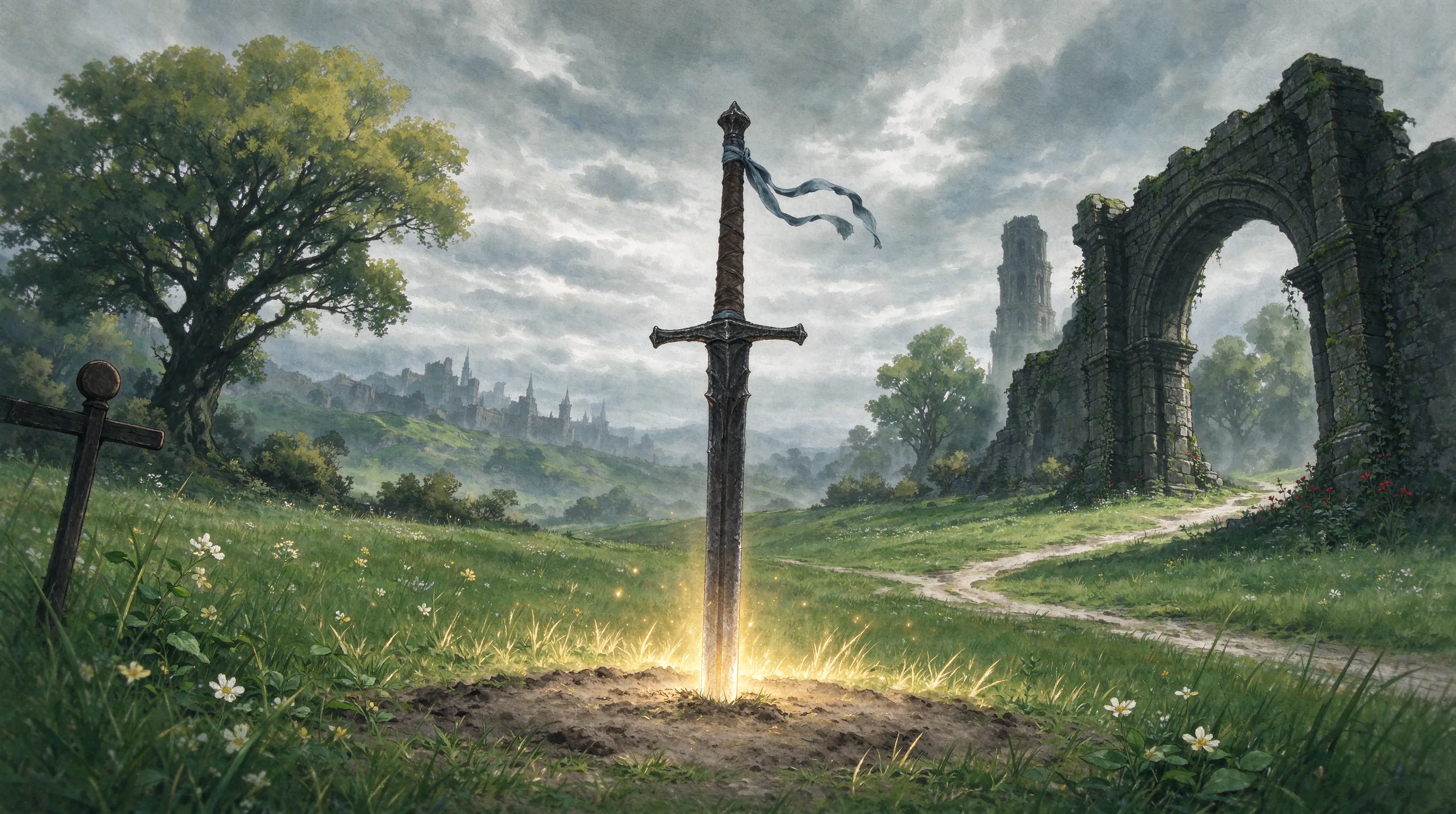 A serene site of grace in Limgrave, soft golden light emanating from the ground, a simple sword stuck in the dirt, lush green grass, overcast sky, peaceful yet melancholic mood, soft painterly style, Studio Ghibli meets dark souls, watercolor texture, 4k.