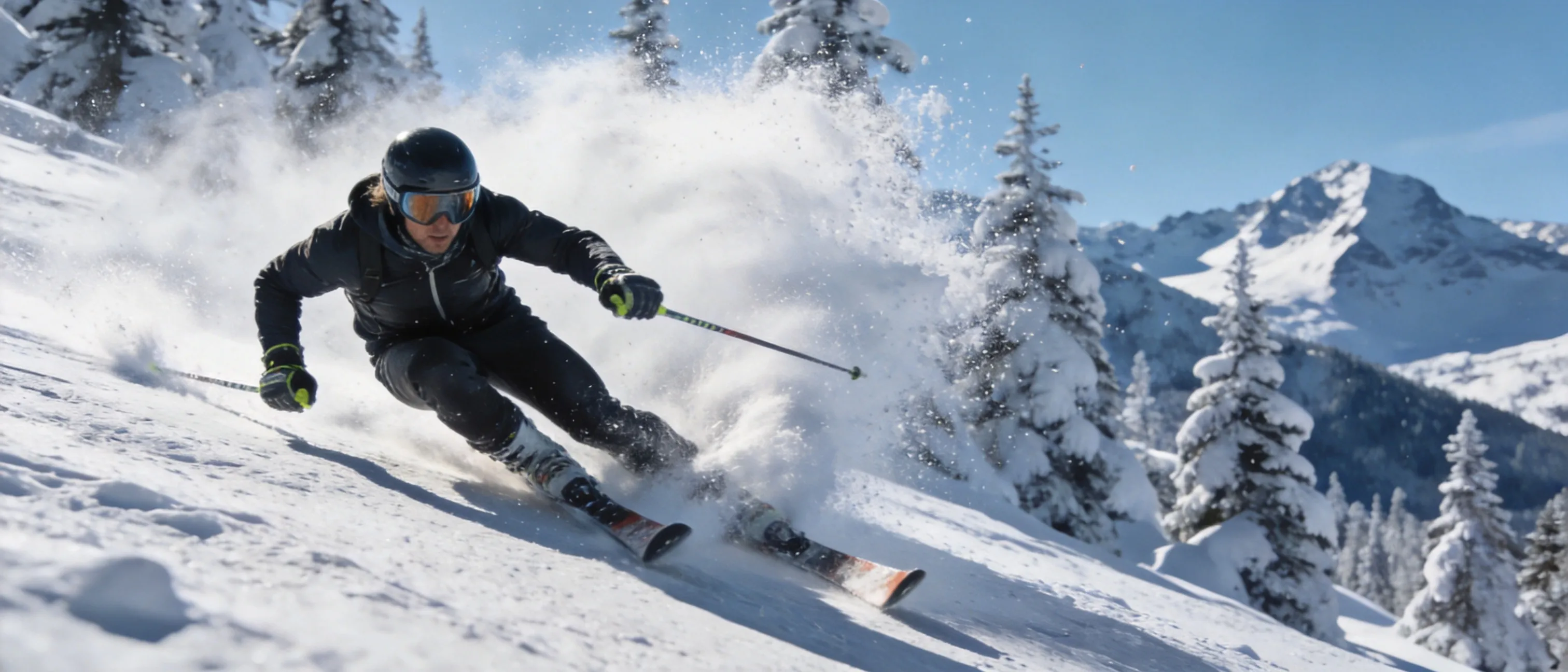 A high-end action image of alpine skiing on a steep snowy mountain, dramatic snow spray, strong sense of speed and movement, textured winter landscape, crisp sunlight, premium outdoor sports photography, cinematic atmosphere, ultra-realistic, ultra-detailed, crisp focus, HDR, 8K, high resolution