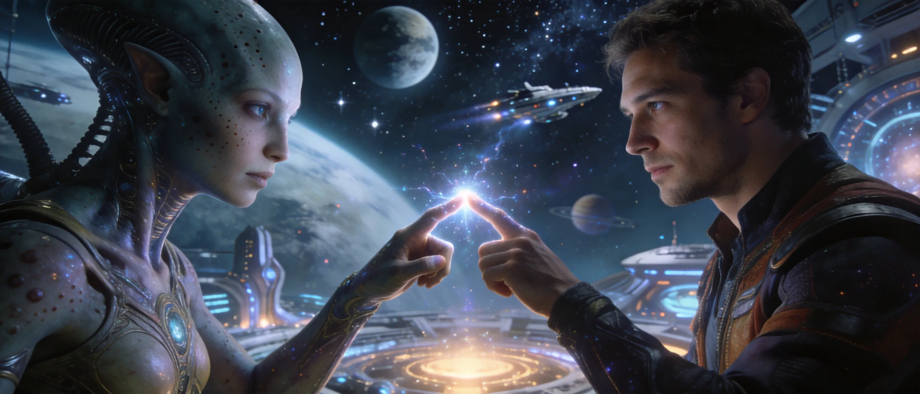 A high-end science fiction magazine cover image of an alien and a human touching fingertips, richly detailed
and highly imaginative, cosmic energy connecting them, layered futuristic background with planets, stars,
spaceships, surreal architecture, glowing technology, cinematic composition, textured and premium visual style, awe-inspiring atmosphere, ultra-realistic, ultra-detailed, crisp focus, HDR, 8K, high resolution, no text intricate textures, dramatic light, premium editorial style, sophisticated and awe-inspiring atmosphere, ultra-realistic, ultra-detailed, crisp focus, HDR, 8K, high resolution, no text