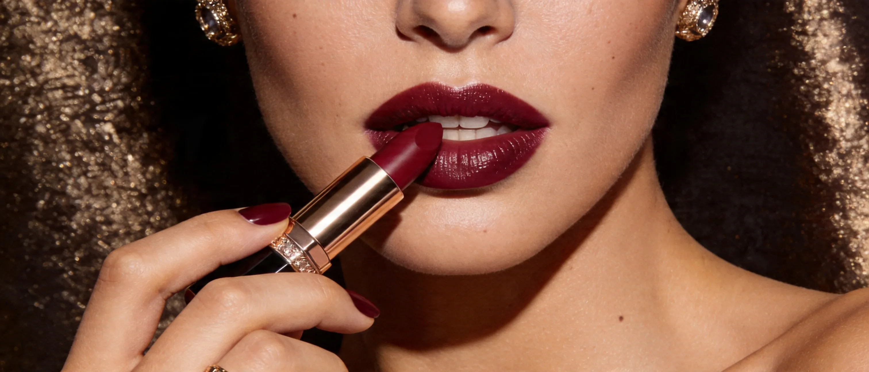 `A high-end European luxury beauty campaign featuring a glamorous supermodel, full face visible in aA luxury lipstick advertisement featuring a glamorous supermodel, full face visible, close-up beauty portrait, holding a lipstick delicately beside her lips, bold elegant lip color, flawless radiant skin, refined facial features, polished editorial makeup, confident and sophisticated expression, European luxury fashion aesthetic, textured premium background with rich depth and subtle elegance, cinematic studio lighting, high-end cosmetics campaign style, ultra-realistic, ultra-detailed, crisp focus, HDR, 8K, high resolution
