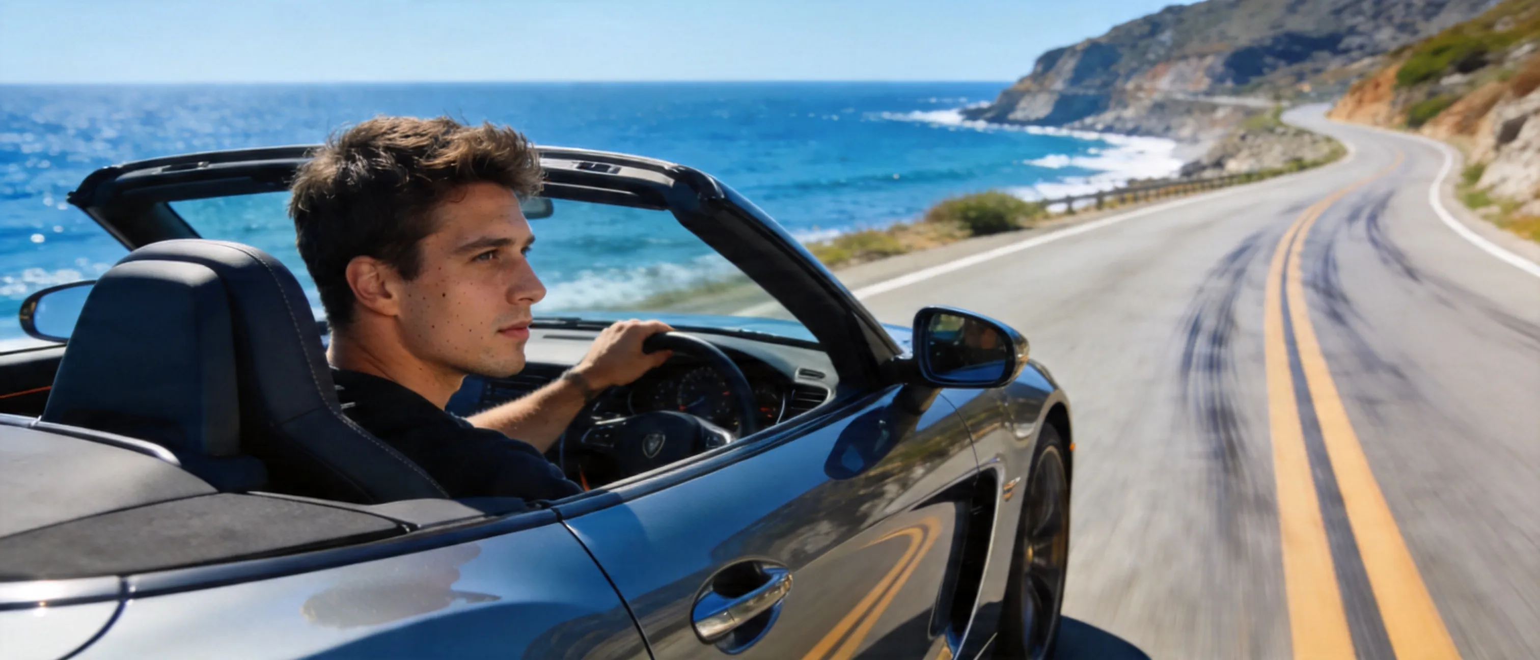 A high-end automotive cover image of a young man in a luxury convertible sports car on a seaside highway, side-angle view, carefully balanced composition, textured coastal scenery, vivid blue ocean, flowing road lines, premium advertising aesthetic, refined color grading, cinematic lighting, ultra-realistic, ultra-detailed, crisp focus, HDR, 8K, high resolution