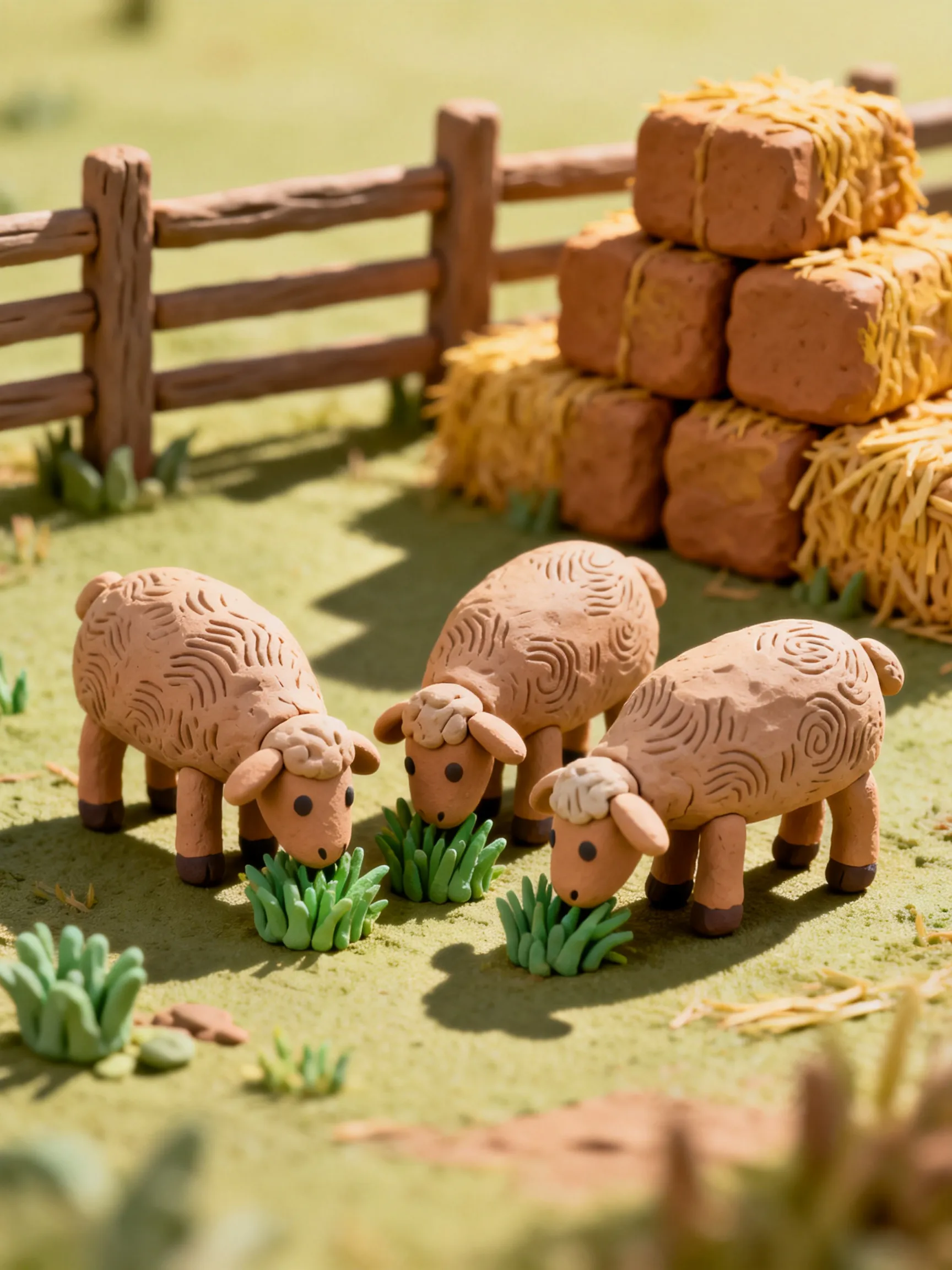 3D rendered claymation style, three cute stylized brown sheep with carved curly wool grazing on small green grass clumps, sunlit farm pasture, mid-background with wooden fence and stacked hay bales, low-angle close-up perspective, shallow depth of field, warm earthy color palette, soft directional natural lighting, gentle shadows, matte clay texture, cozy peaceful rural atmosphere, highly detailed whimsical handcrafted look