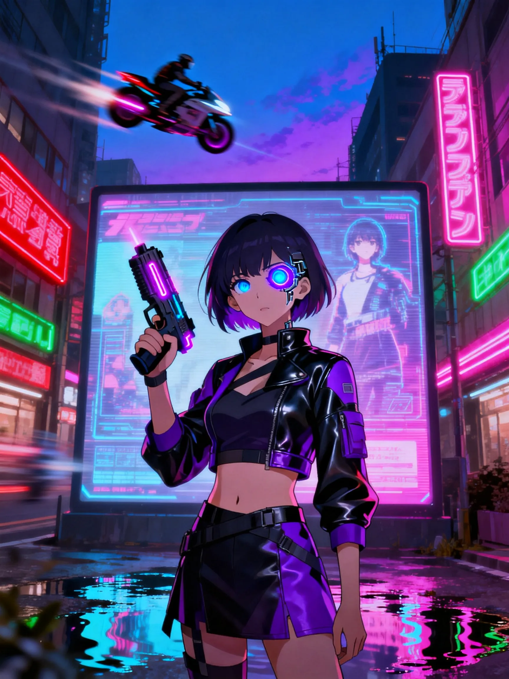Low-angle shot, cyberpunk anime female character with short dark hair, glowing blue eyes, cybernetic eye implant, wearing black and purple glossy leather crop jacket and skirt, holding a neon purple-lit pistol, standing on wet reflective city street at dusk. Background features tall skyscrapers with glowing Japanese neon signs (pink, red, green), large holographic billboard displaying the character's image, flying futuristic motorcycle with motion blur and light trails in upper left corner. Twilight sky with deep blue and purple hues, high contrast neon lighting, dynamic action scene, digital art, smooth glossy textures, reflective wet pavement, cinematic atmosphere