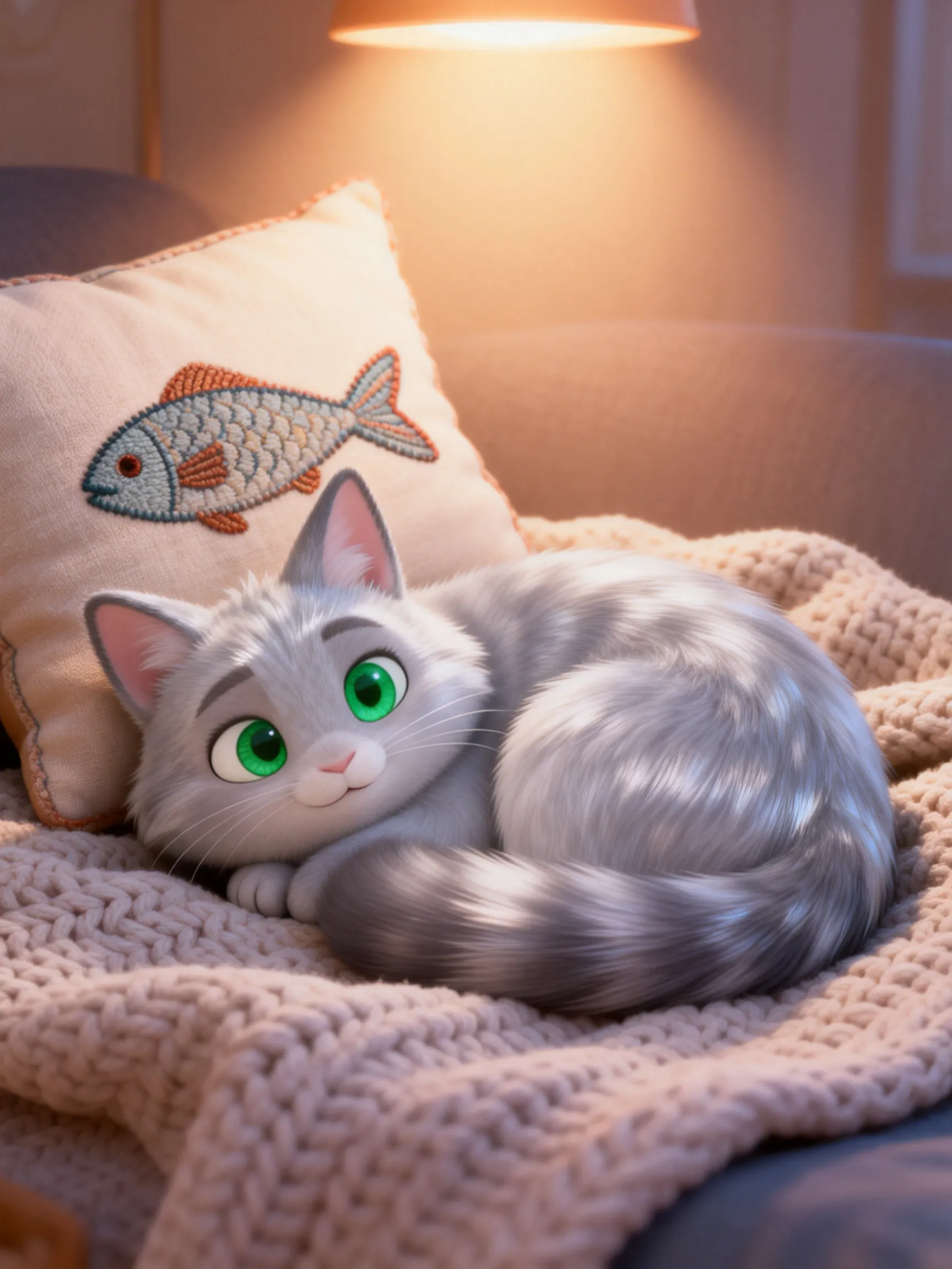 Pixar-style 3D rendering of a cute fluffy grey anthropomorphic cat with large bright green eyes, curled up on a chunky knit beige blanket, resting its head against a linen cushion with an embroidered fish design, cozy indoor living room setting, warm directional lighting from an overhead lamp casting a soft golden glow, shallow depth of field, ultra-detailed fur texture, soft warm neutral color palette with pops of vibrant green, medium close-up eye-level perspective, calm and comforting atmosphere