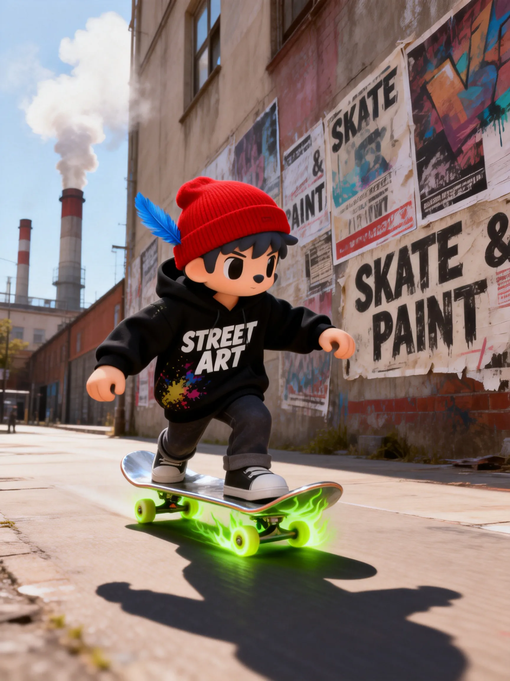 Low-angle shot, chibi 3D cartoon boy riding a skateboard with glowing neon green wheels and flame effects, red knit beanie with blue feather, black hoodie printed with 'STREET ART' and colorful paint splatters, dark rolled jeans, black sneakers, set in an industrial urban alleyway on bright sunny day, weathered brick building covered in tattered 'SKATE & PAINT' posters and graffiti, factory smokestacks emitting white smoke in background, strong directional sunlight casting sharp shadows, smooth matte vinyl character texture, rough concrete and brick textures, shallow depth of field, vibrant contrast between neon green accents and muted earthy background tones, urban street art style, dynamic energetic mood
