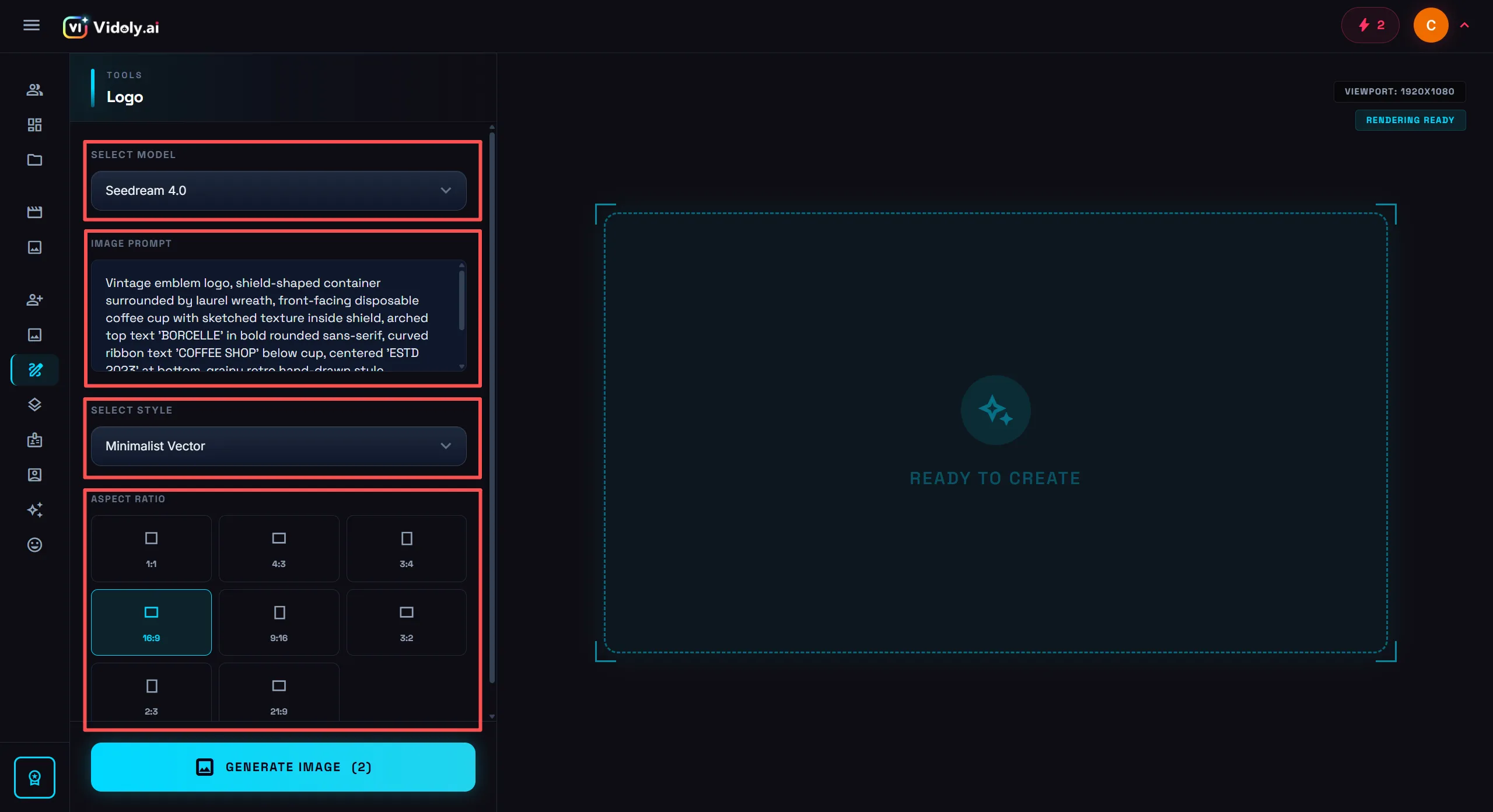 Editing AI logo prompt style model and ratio inside Vidoly logo editor