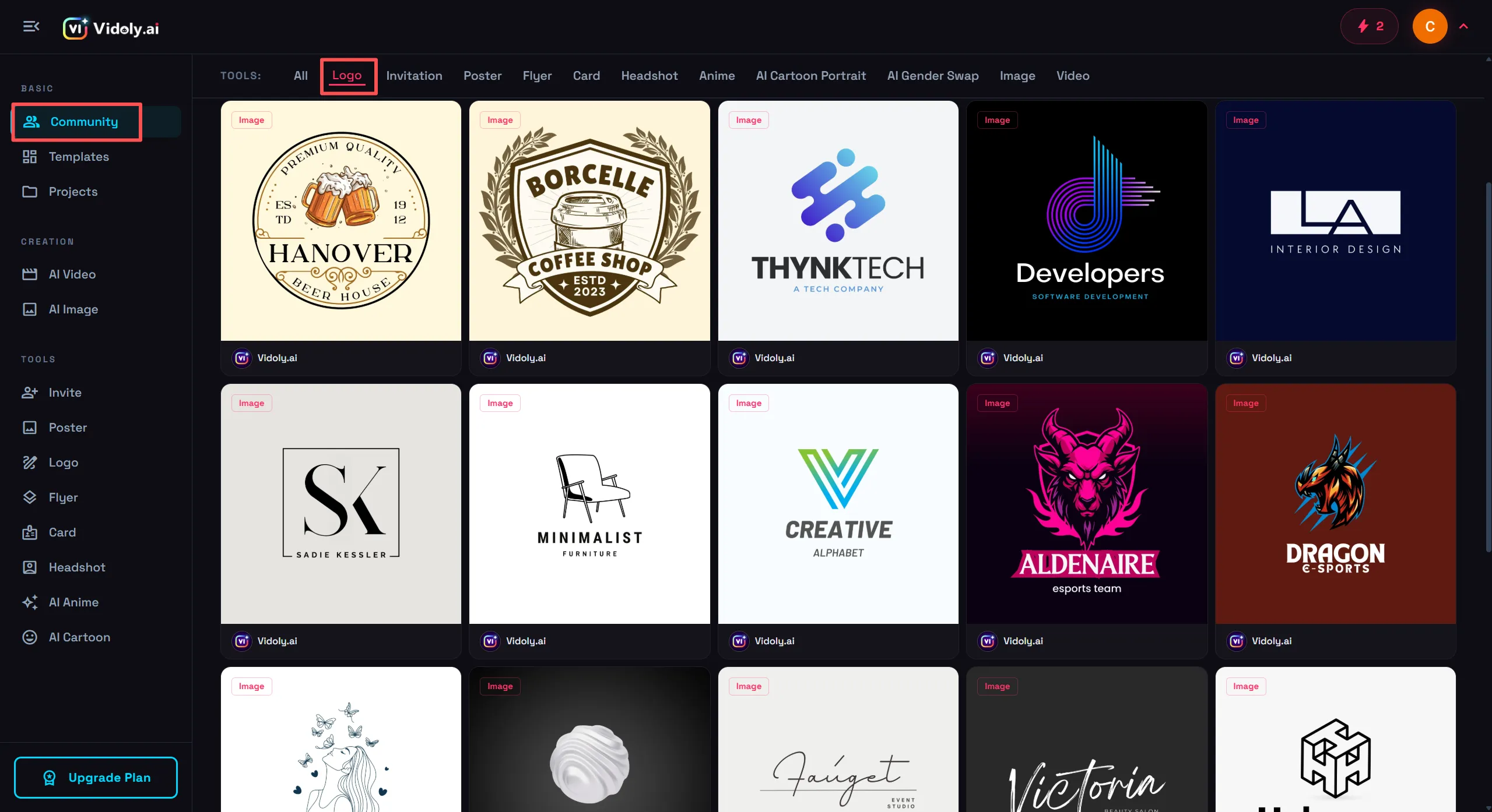 Vidoly AI logo template library showing multiple logo design styles for remix