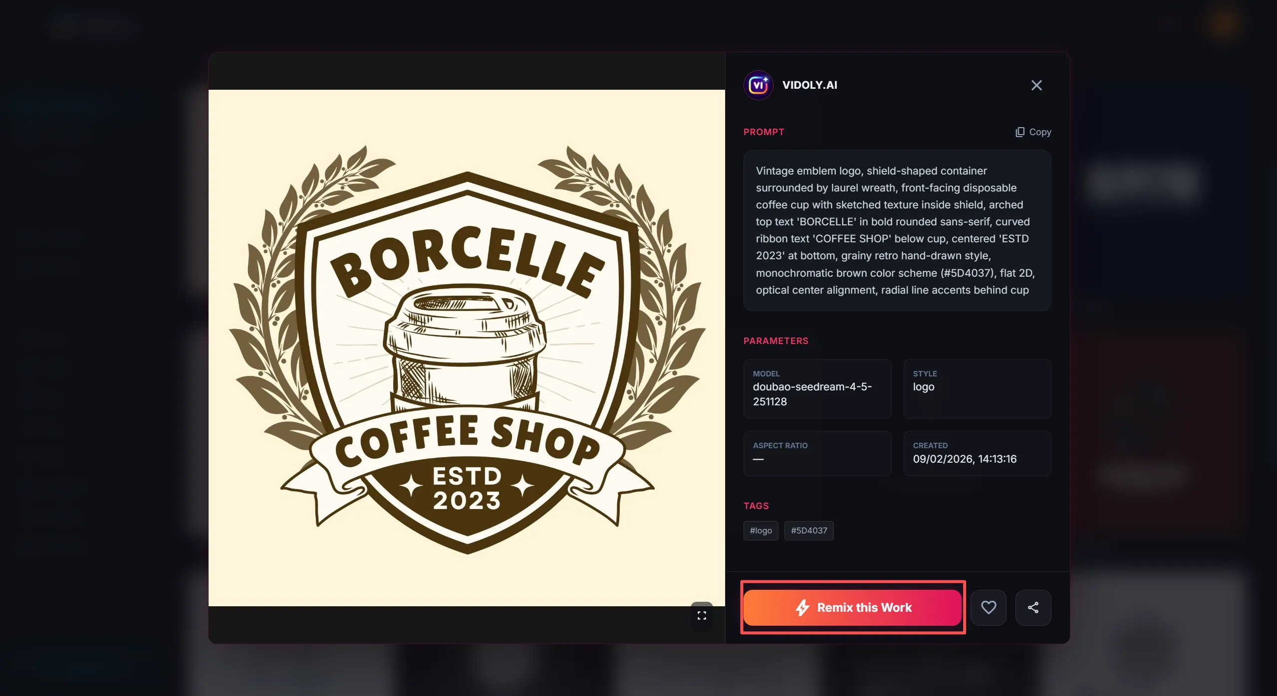 Preview of a logo template showing the original prompt and remix options