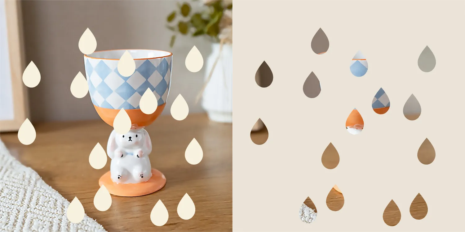 Generate the doooot image for me.
{dots_number}: 15
{dots_color}: cream white
{dots_shape}: water drop shape
{dots_size}: big size